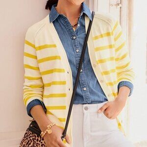Talbots Raglan Girlfriend Cardigan Clean Stripe Ivory & Pear Yellow 2X Petite